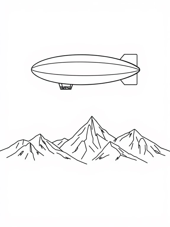 blimp flying over mountains