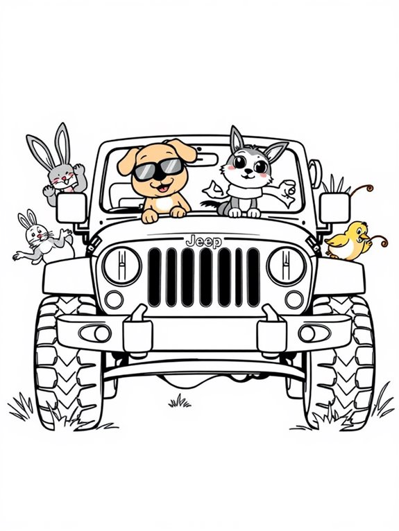 cartoon animals in jeep