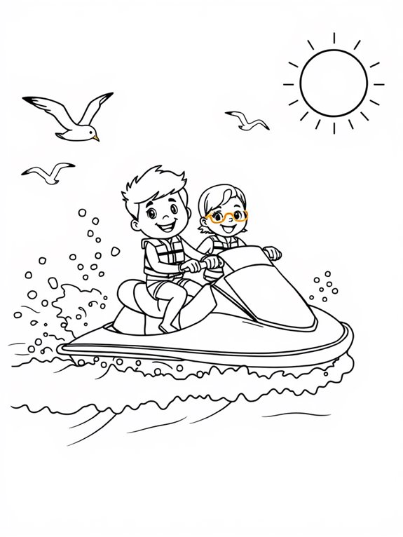 cartoon characters on jet ski