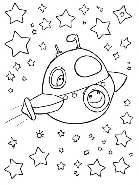 cartoon spaceship among stars