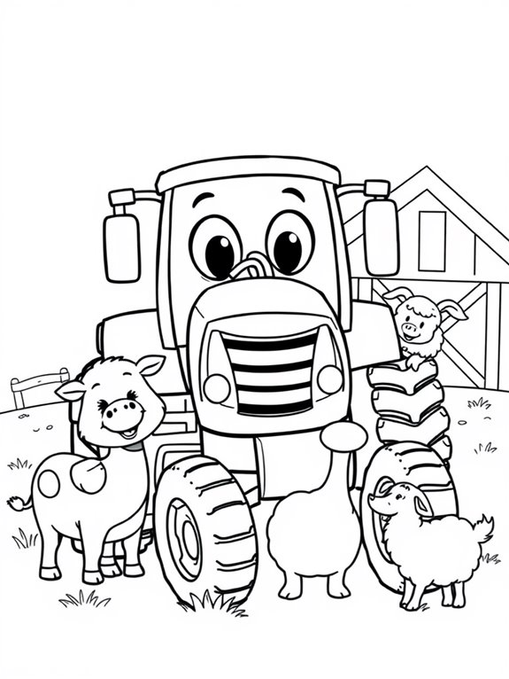 cute tractor with animals