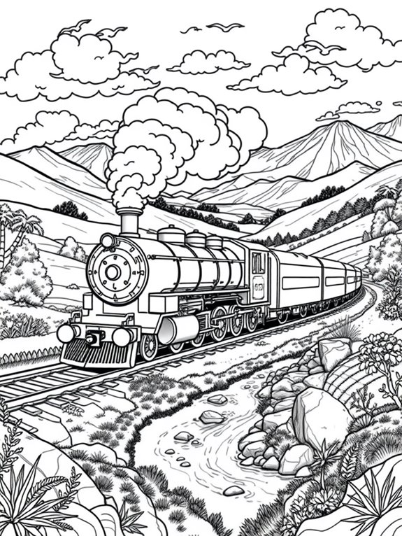 diesel train landscape coloring page