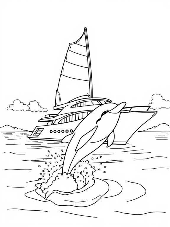 dolphin alongside yacht coloring