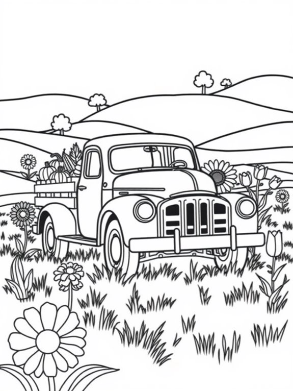 farm truck surrounded by flowers