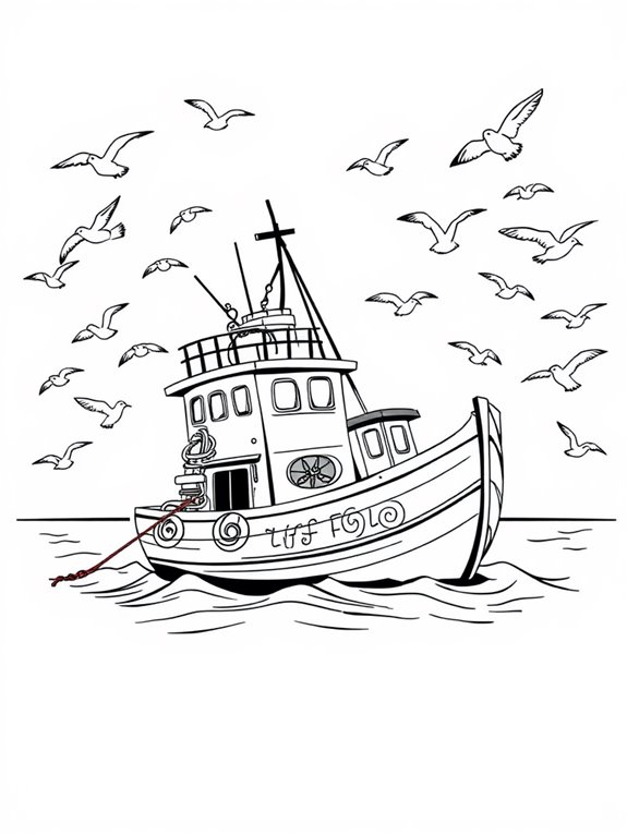 fishing boat with seagulls