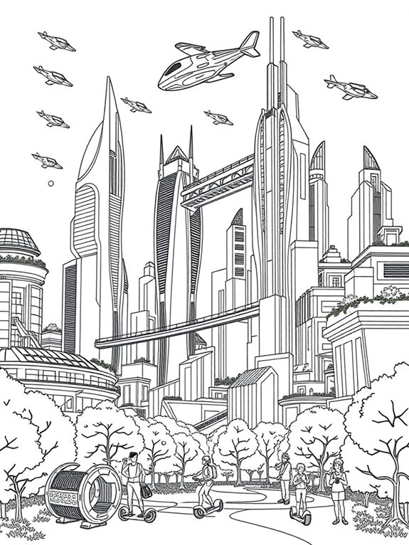 futuristic city coloring page