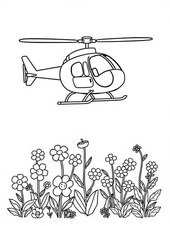 helicopter among colorful flowers