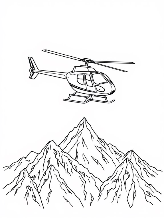 helicopter soaring above mountains