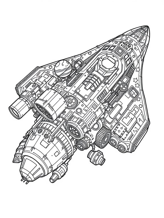 intricate line art spaceship