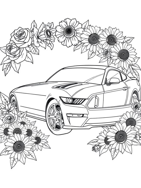 mustang coloring page flowers