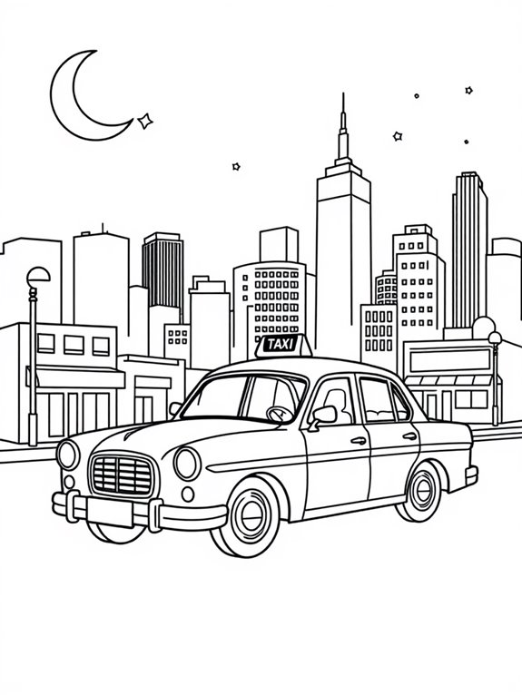 nighttime taxi coloring page