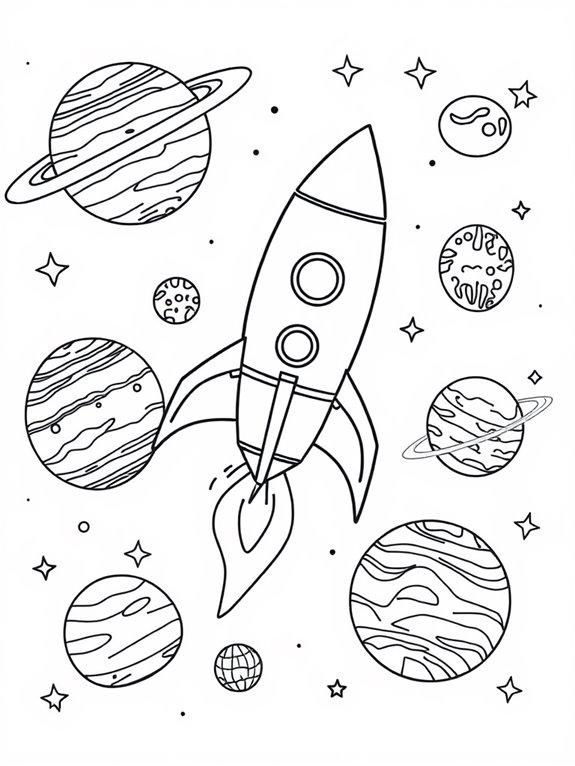 rocket and planets coloring page