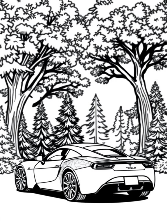 tesla roadster among trees