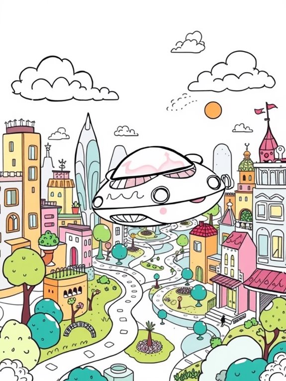 whimsical hover car cityscape