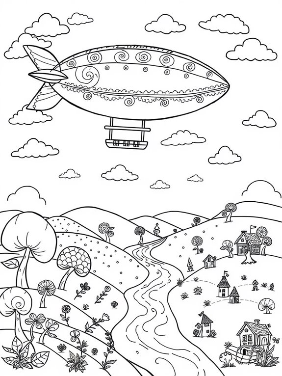 whimsical zeppelin in landscape