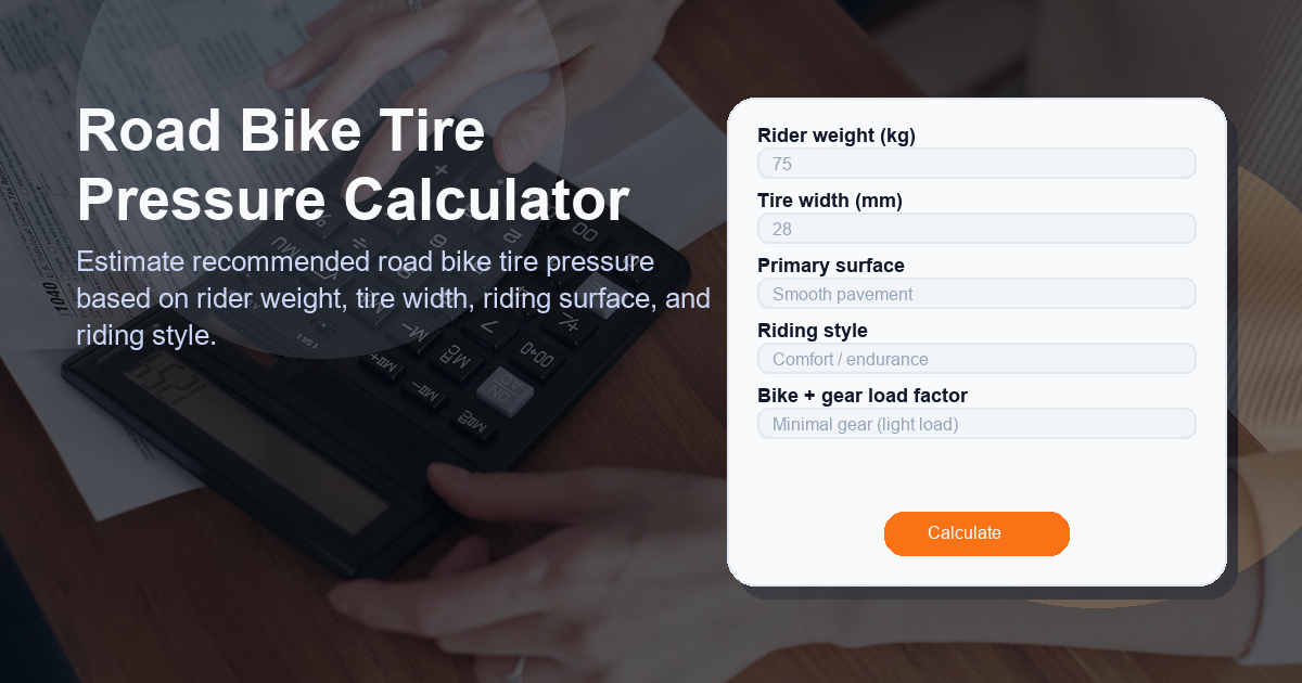 Estimate recommended road bike tire pressure based on rider weight, tire width, riding surface, and riding style.